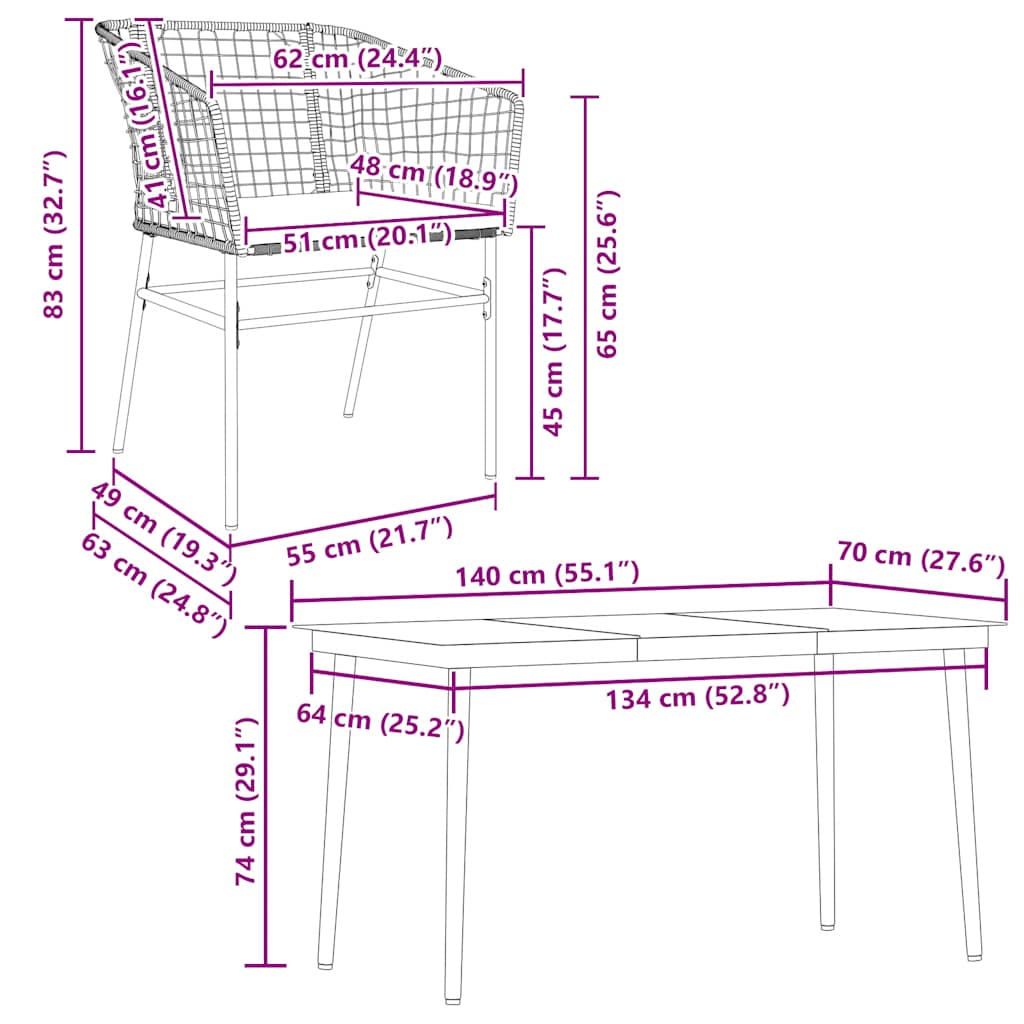 Ensemble à manger jardin coussins 5pcs marron poly rotin verre