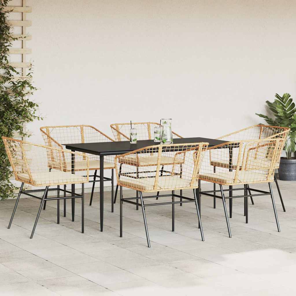Ensemble à manger jardin coussins 7pcs marron poly rotin verre
