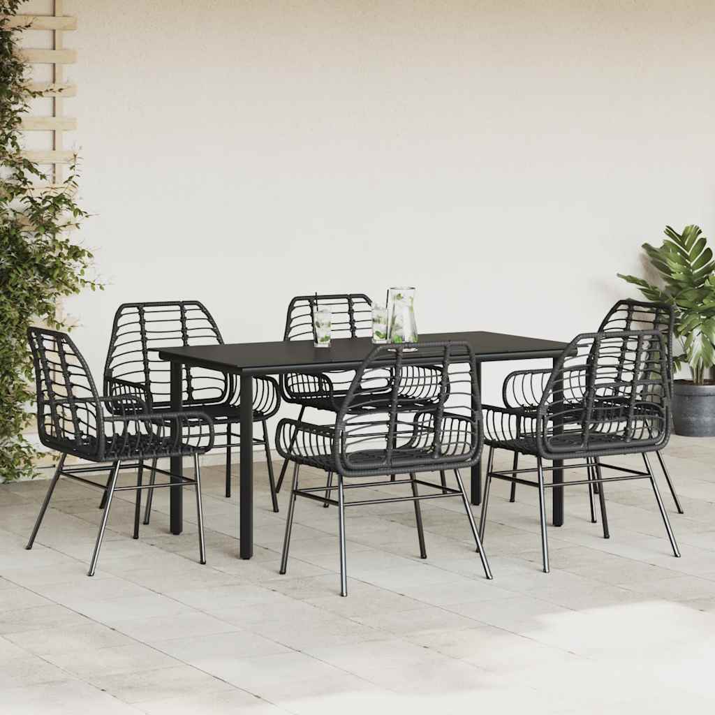 Ensemble à manger de jardin 7pcs noir poly rotin verre