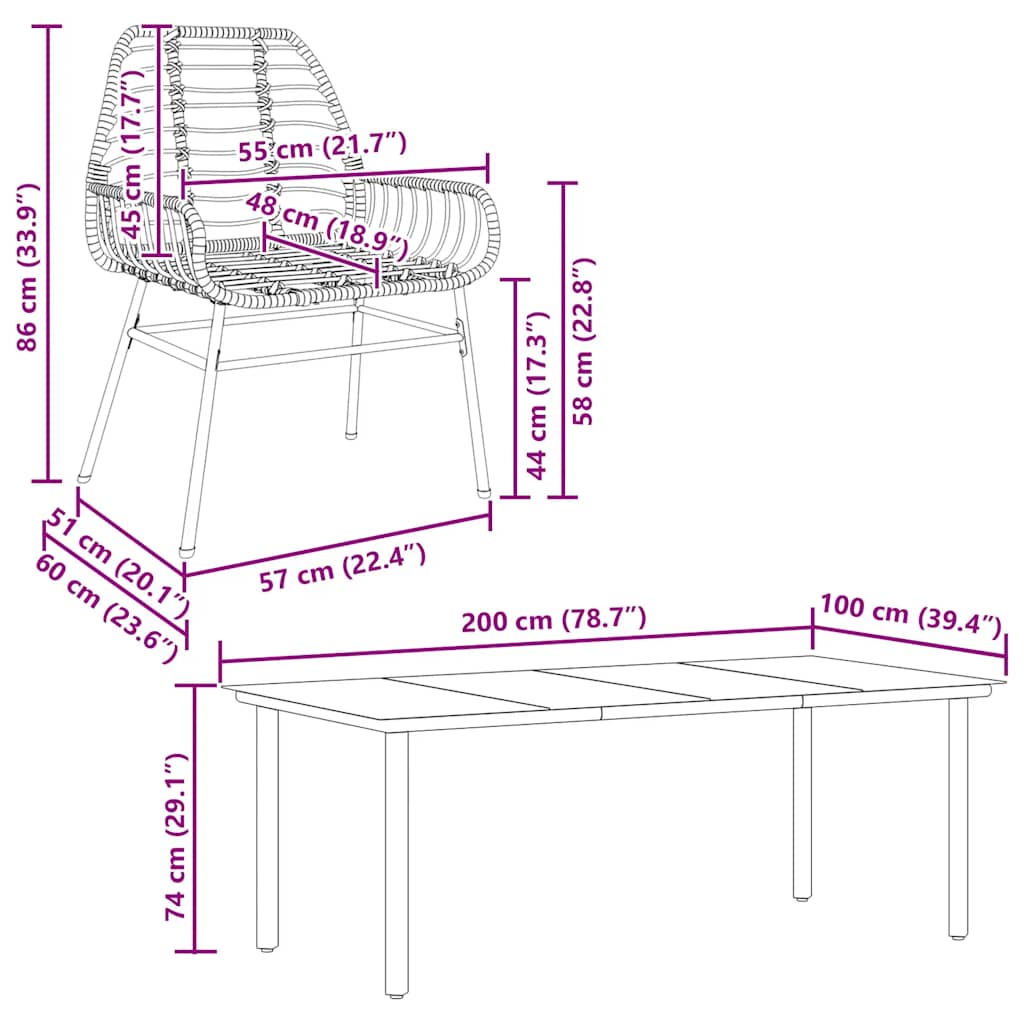 Ensemble à manger de jardin 7pcs noir poly rotin verre