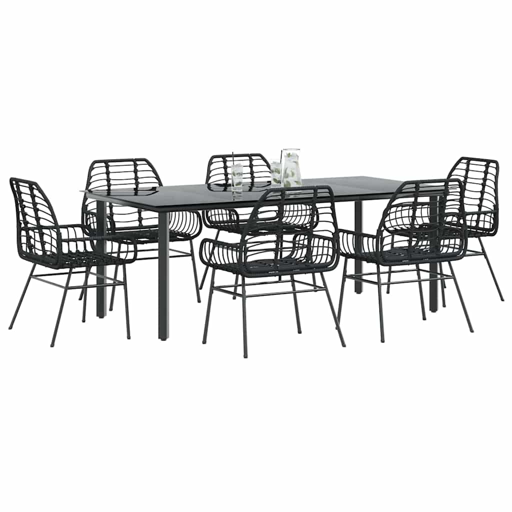 Ensemble à manger de jardin 7pcs noir poly rotin verre