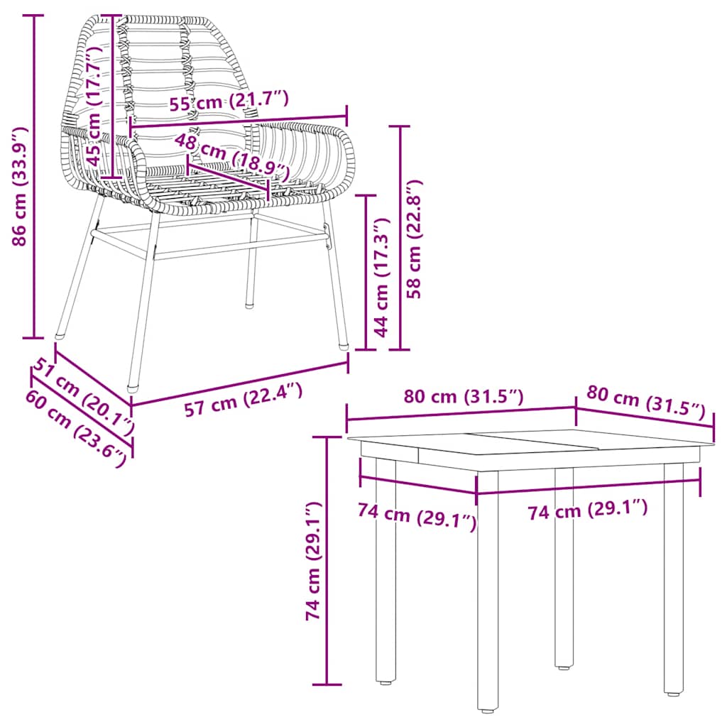 Ensemble à manger jardin 5pcs marron poly rotin verre