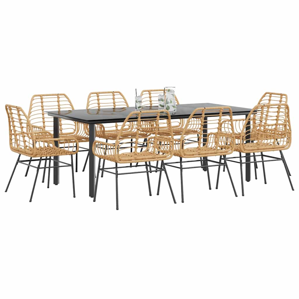 Ensemble à manger de jardin 9 pcs marron résine tressée verre