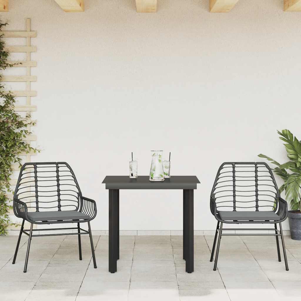 Ensemble à manger de jardin et coussins 3 pcs noir rotin verre