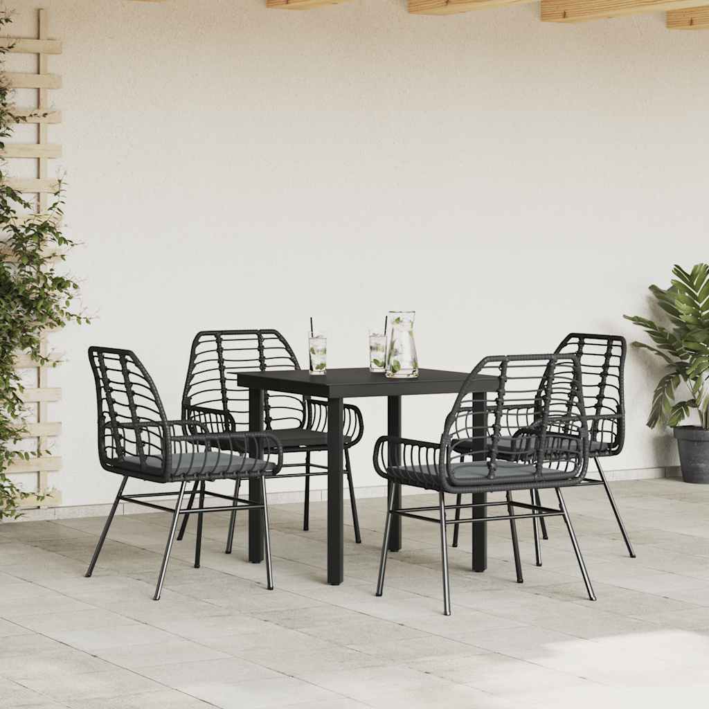 Ensemble à manger de jardin et coussins 5 pcs noir rotin verre