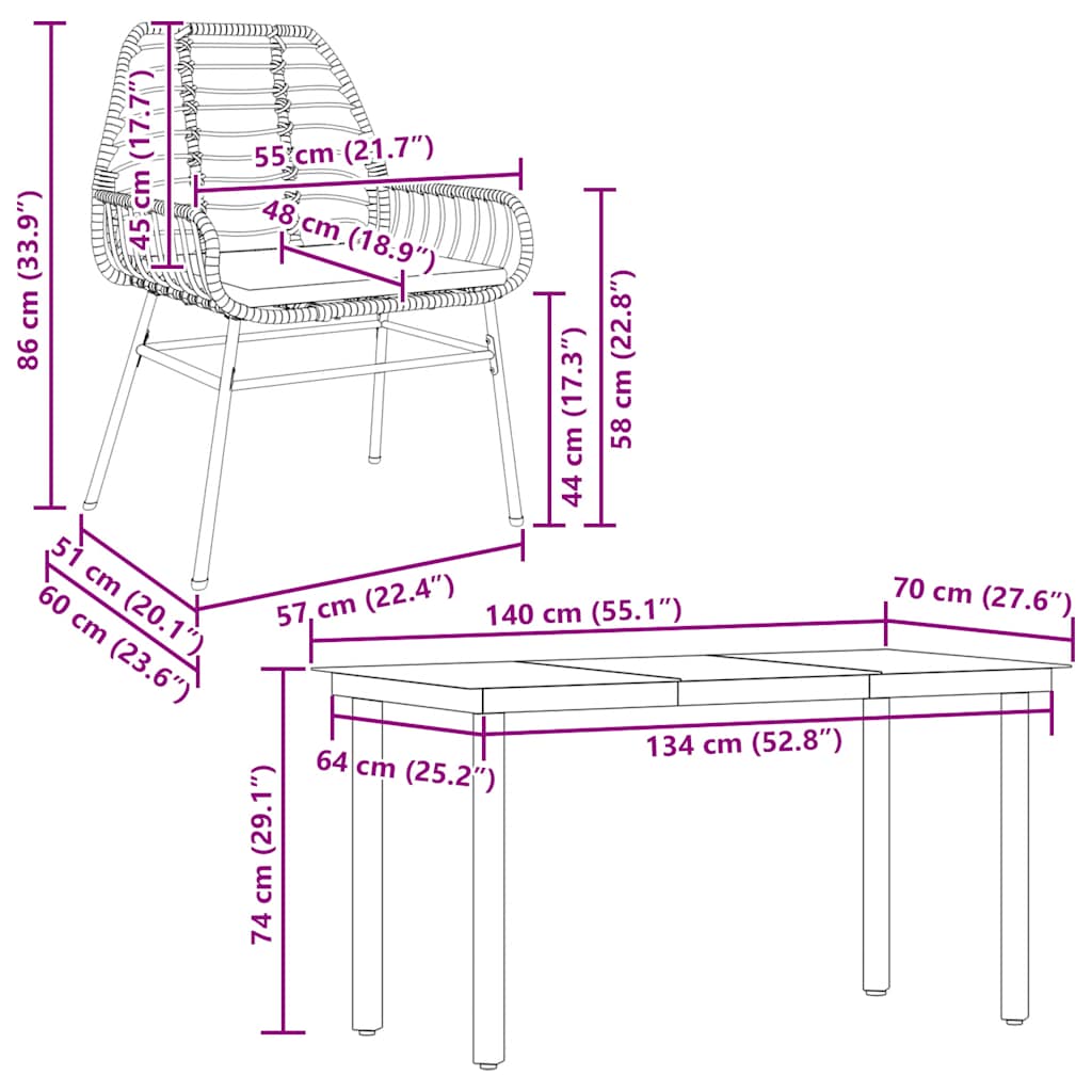 Ensemble à manger jardin coussins 5pcs marron poly rotin verre