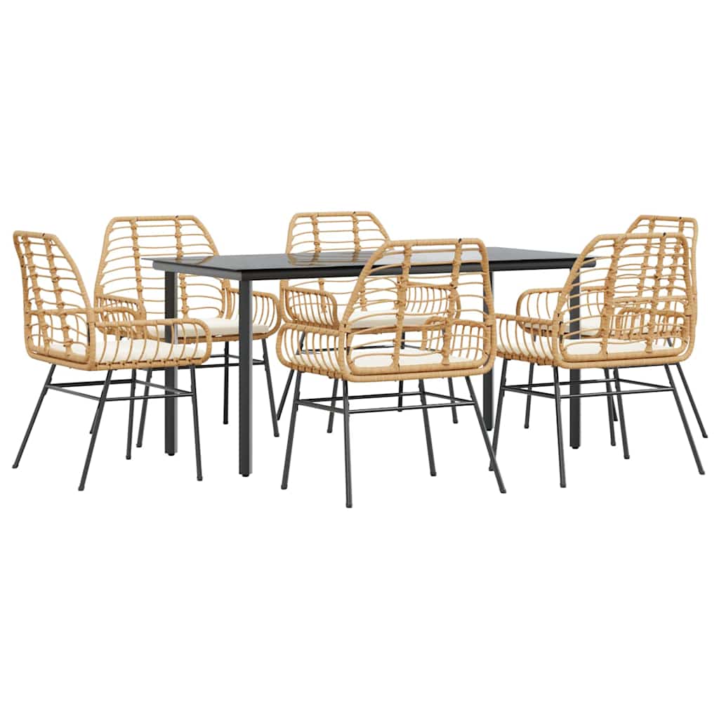 Ensemble à manger jardin coussins 7pcs marron poly rotin verre