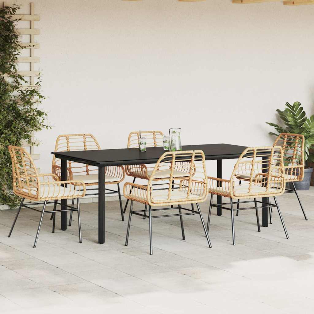 Ensemble à manger jardin coussins 7pcs marron poly rotin verre