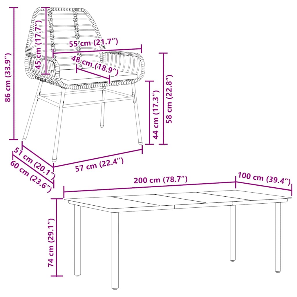 Ensemble à manger jardin coussins 9pcs marron poly rotin verre