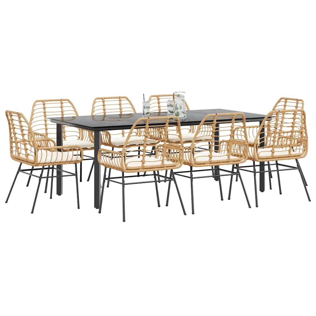 Ensemble à manger jardin coussins 9pcs marron poly rotin verre