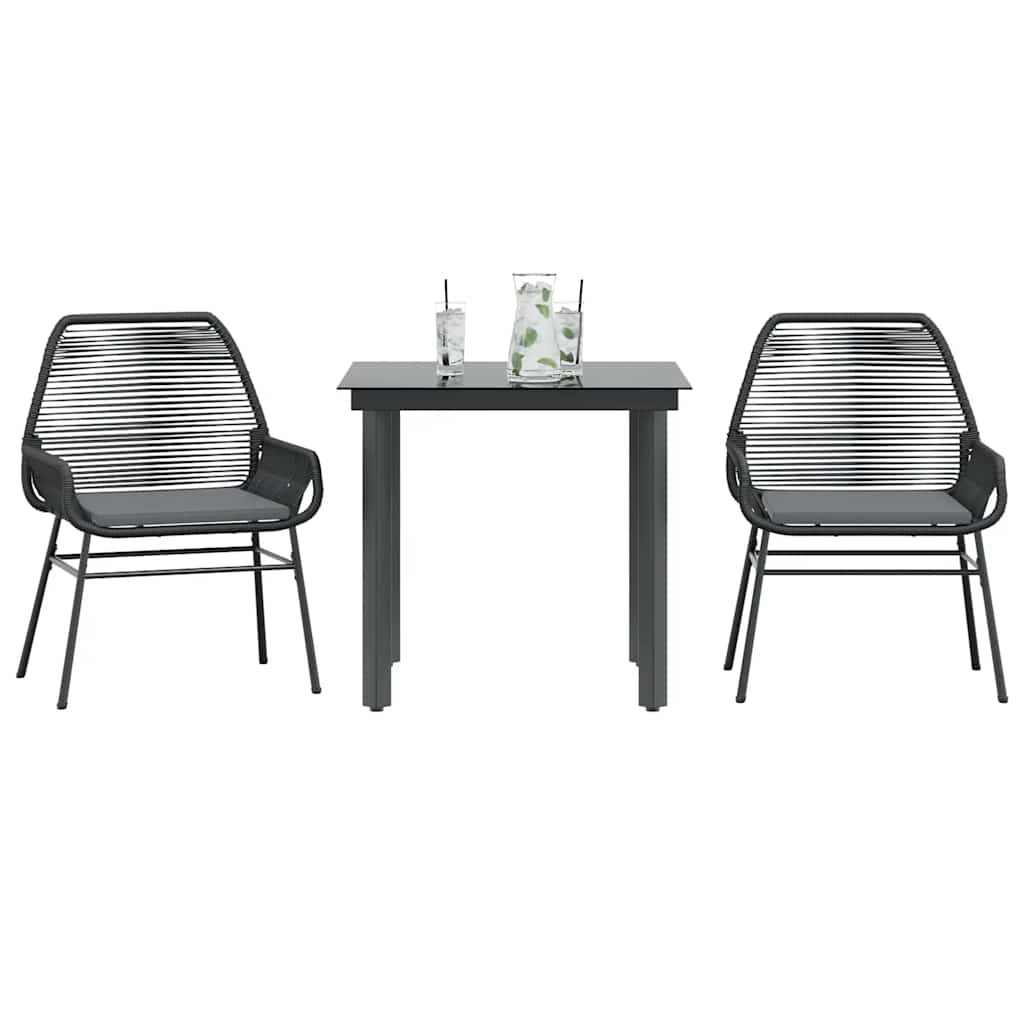 Ensemble à manger de jardin et coussins 3 pcs noir rotin verre