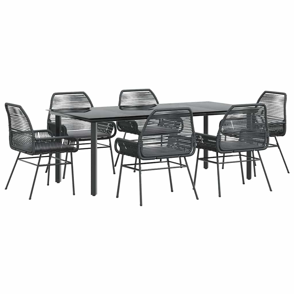 Ensemble à manger de jardin coussins 7pcs noir poly rotin verre