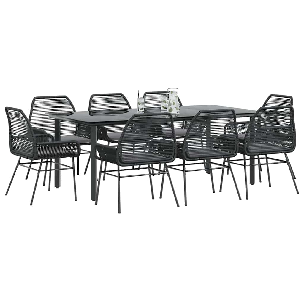 Ensemble à manger de jardin coussins 9pcs noir poly rotin verre