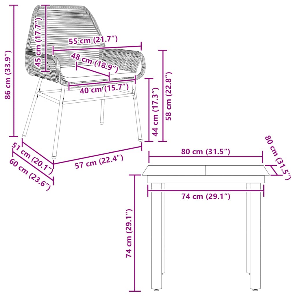 Ensemble à manger jardin coussins 3pcs marron poly rotin verre
