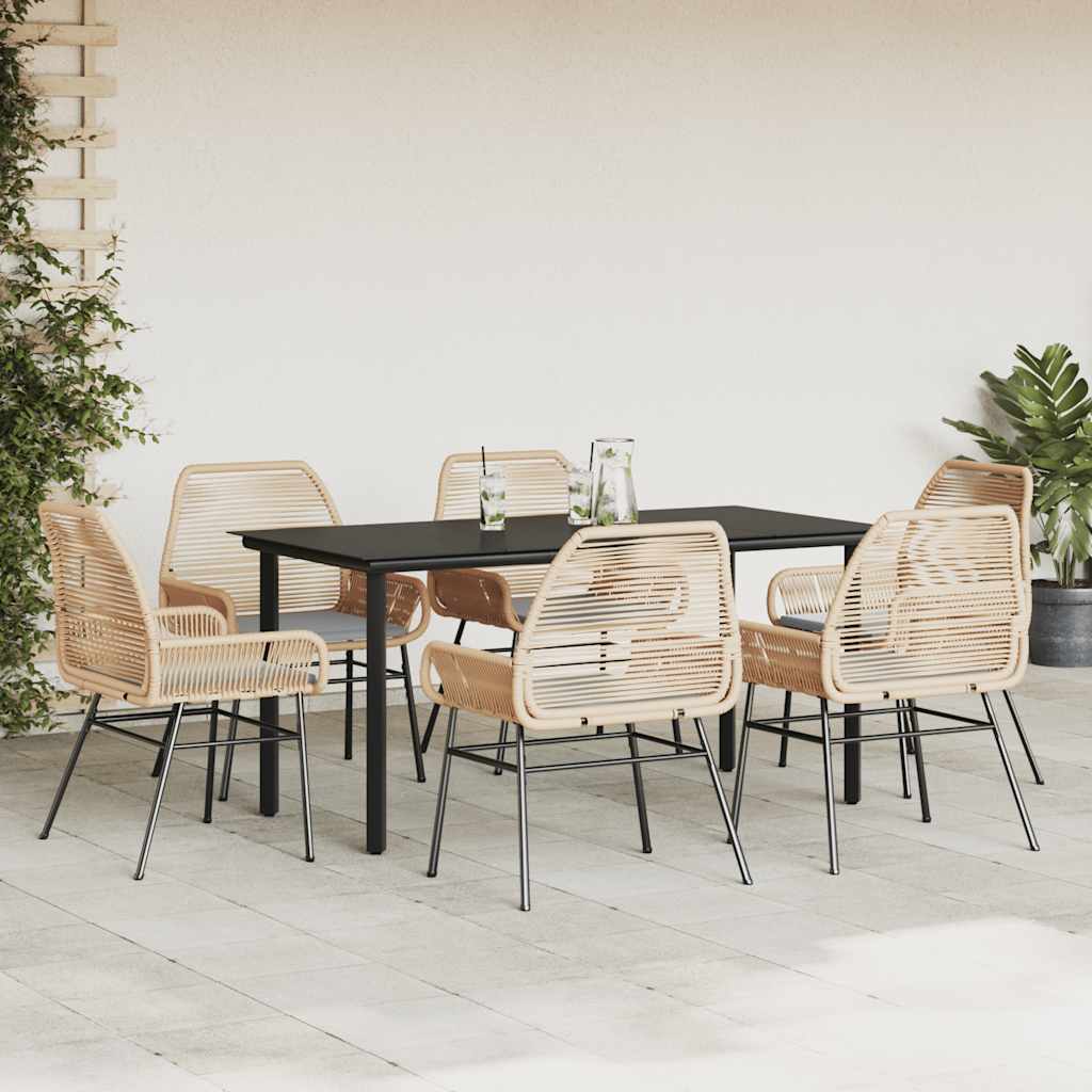 Ensemble à manger jardin coussins 7pcs marron poly rotin verre