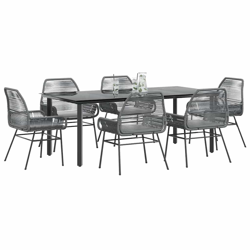 Ensemble à manger jardin coussins 7 pcs gris poly rotin verre
