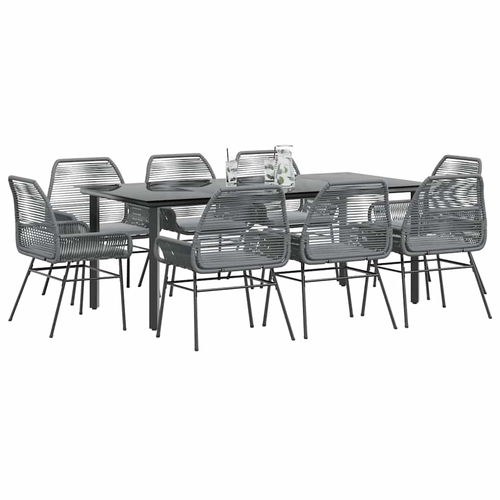 Ensemble à manger jardin coussins 9 pcs gris poly rotin verre