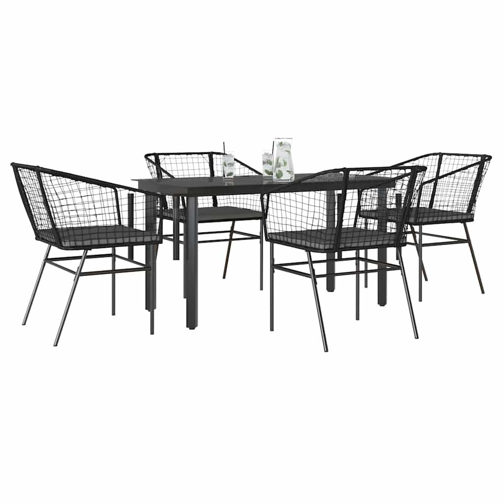 Ensemble à manger de jardin et coussins 5 pcs noir rotin verre