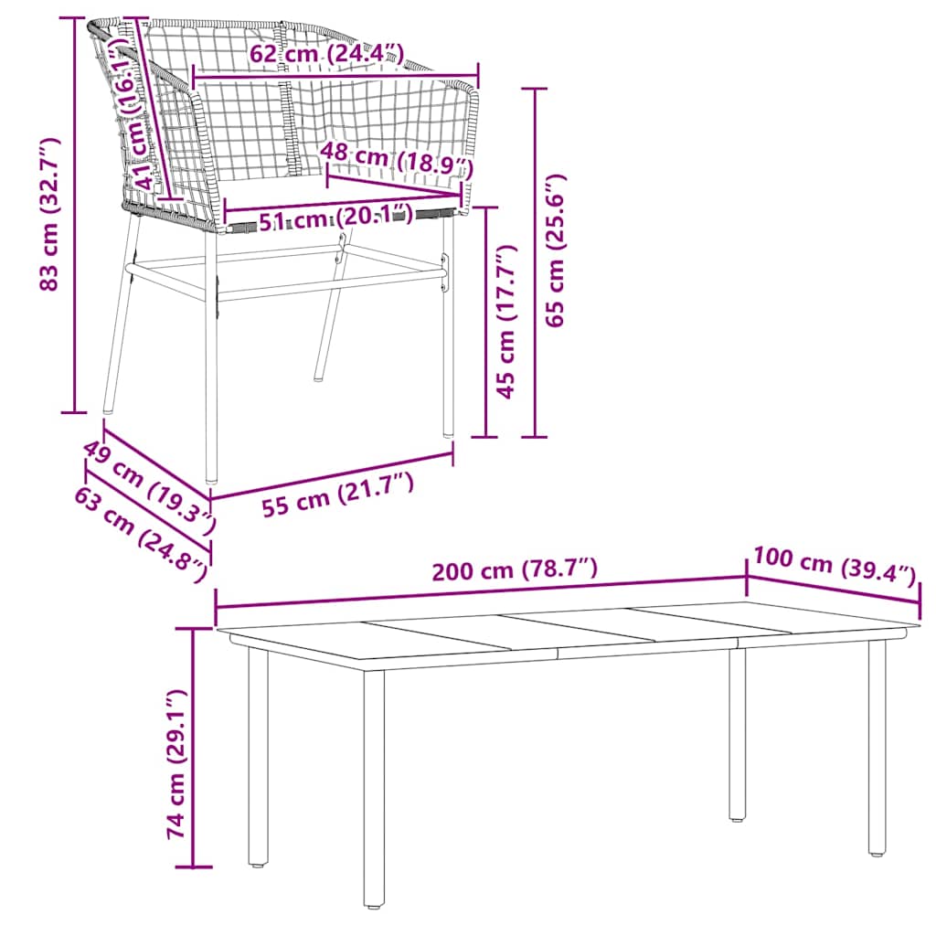 Ensemble à manger de jardin coussins 7pcs noir poly rotin verre