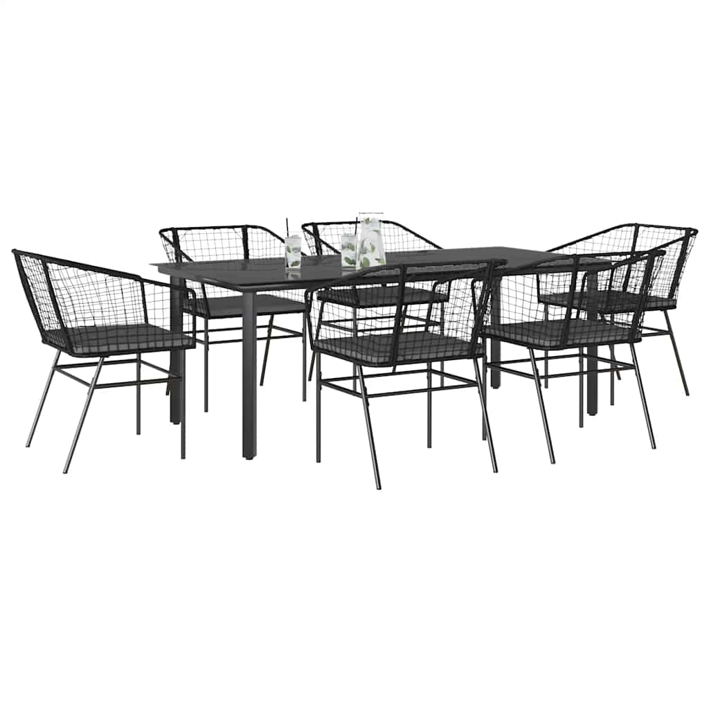 Ensemble à manger de jardin coussins 7pcs noir poly rotin verre