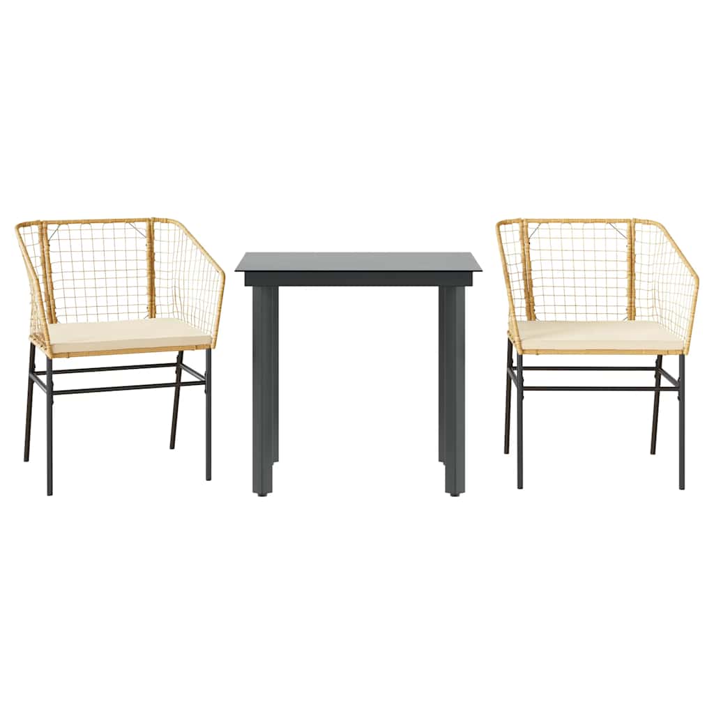 Ensemble à manger jardin coussins 3pcs marron poly rotin verre