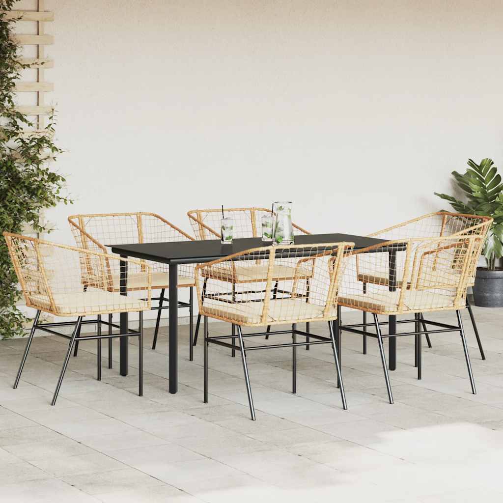 Ensemble à manger jardin coussins 7pcs marron poly rotin verre