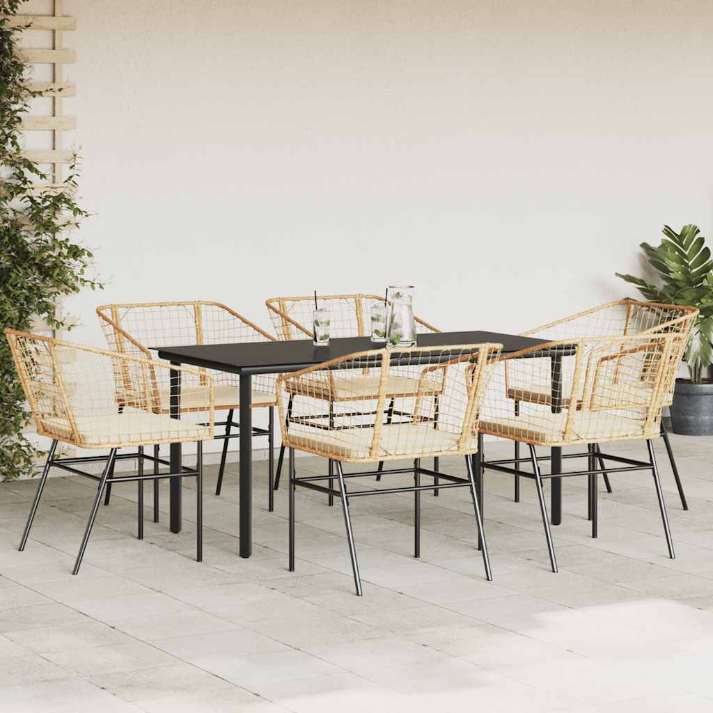 Ensemble à manger jardin coussins 7pcs marron poly rotin verre