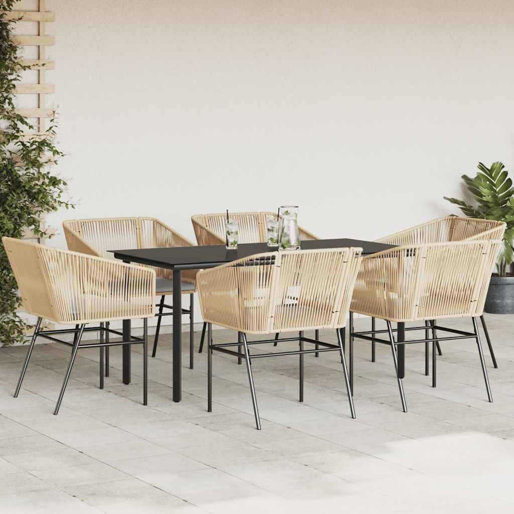 Ensemble à manger jardin coussins 7pcs marron poly rotin verre
