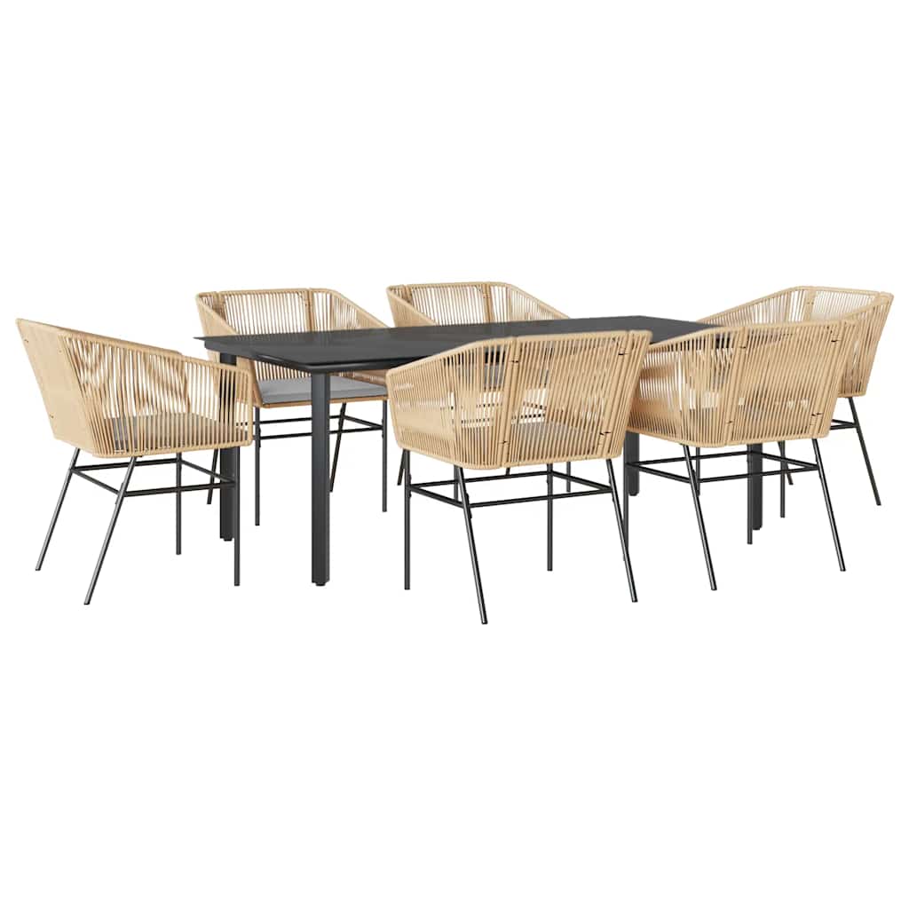 Ensemble à manger jardin coussins 7pcs marron poly rotin verre