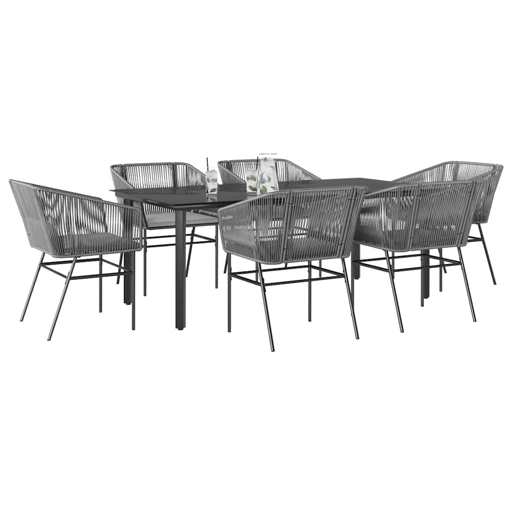 Ensemble à manger jardin coussins 7 pcs gris poly rotin verre