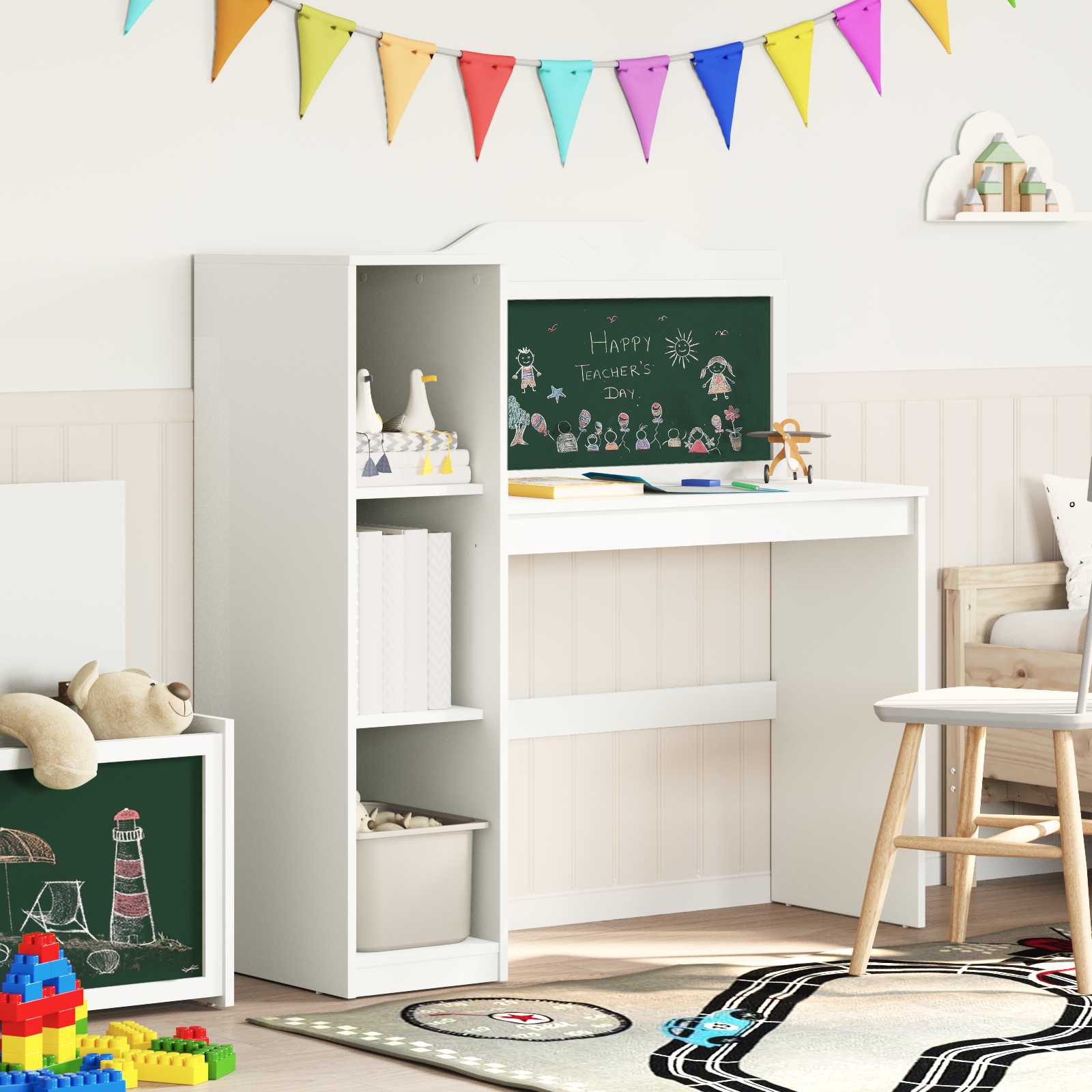 Bureau avec rangement ouvert et tableau noir ROROS Blanc - XIOS