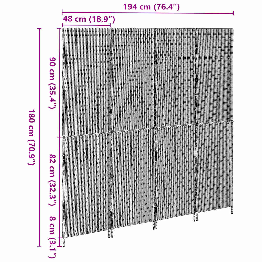 Paravent vidaXL 4 panneaux pliable gris 195x180 cm en poly rotin XIOS