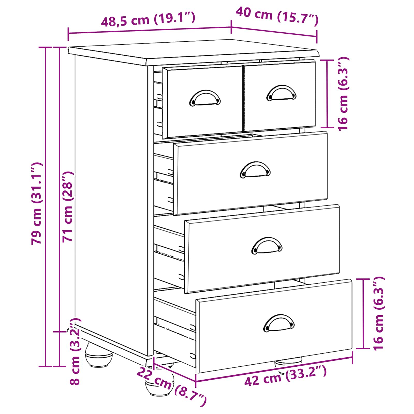 Commode ASKIM Blanc 45,8 x 40 x 79 cm Bois de pin massif - XIOS