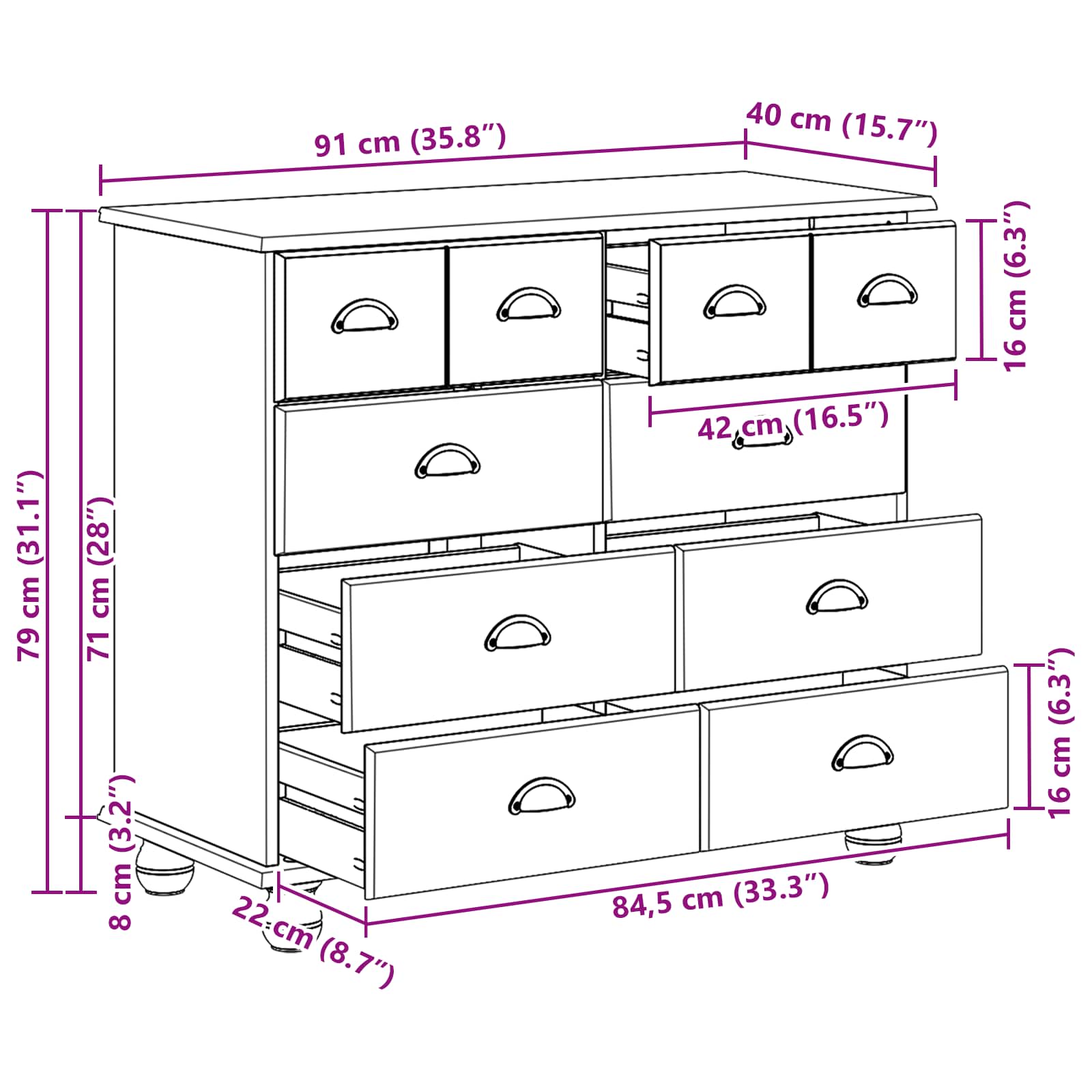 Commode ASKIM Blanc 91 x 40 x 79 cm Bois de pin massif - XIOS