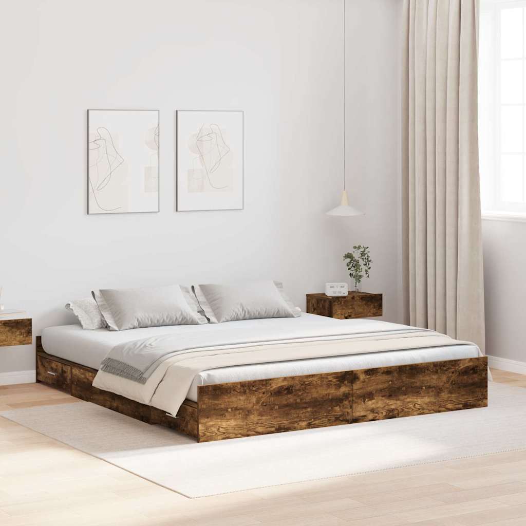 Cadre de lit avec rangement avec tiroir Chêne fumé 200 x 200 cm - XIOS