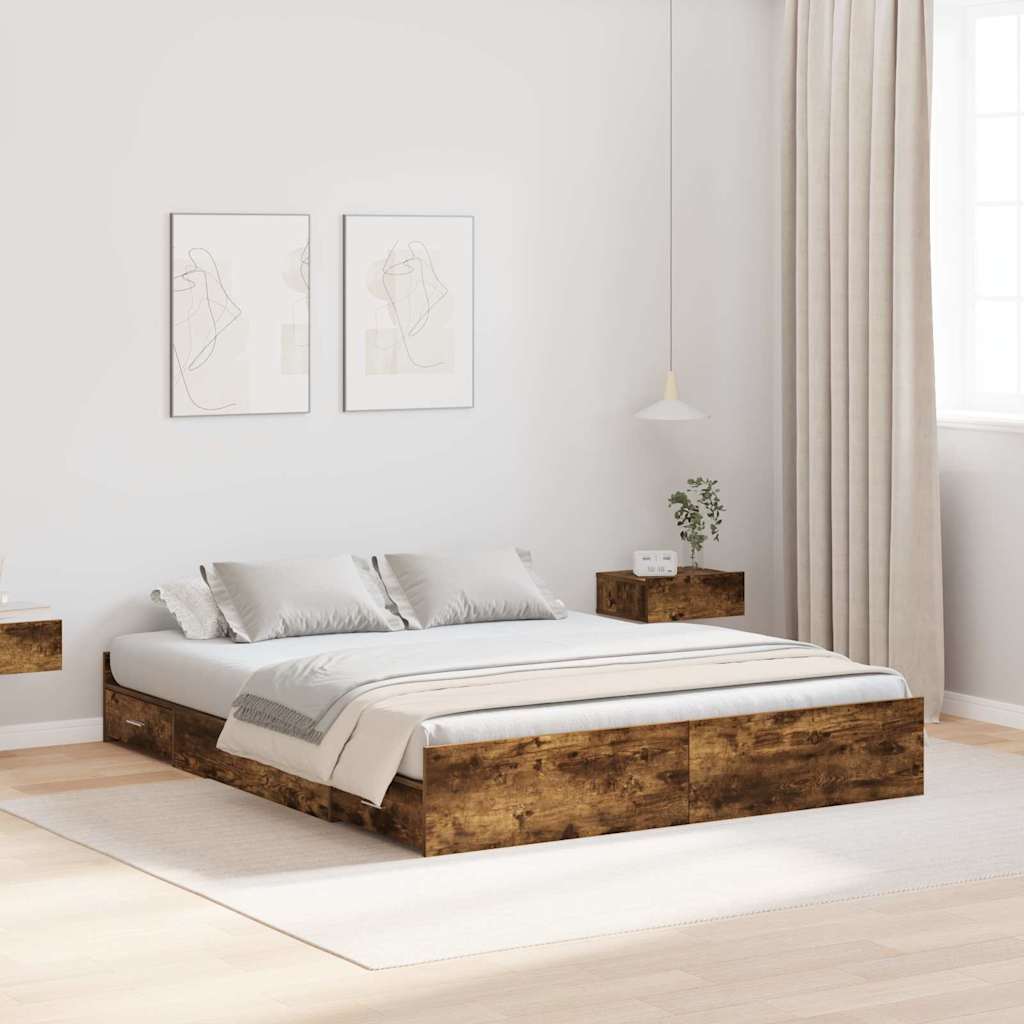 Cadre de lit avec rangement avec tiroir Chêne fumé 135 x 190 cm - XIOS