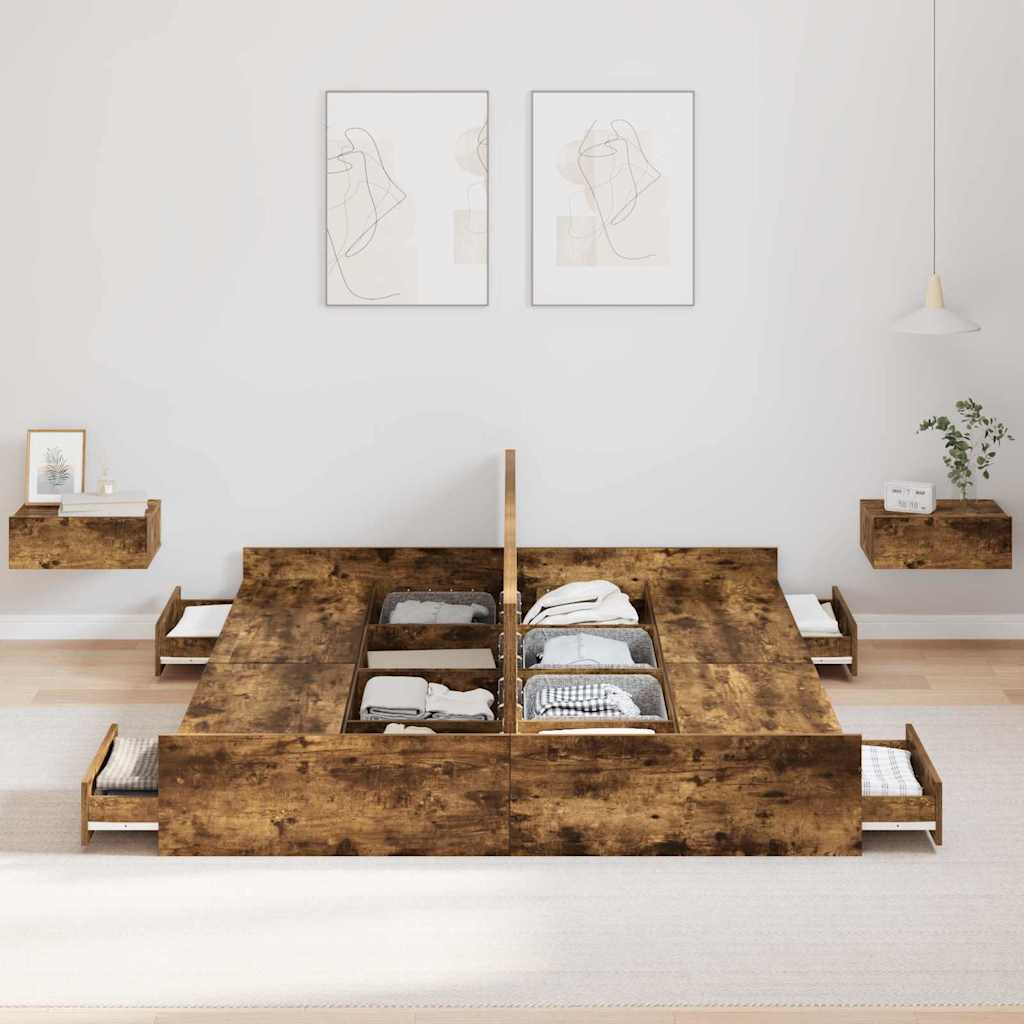 Cadre de lit avec rangement avec tiroir Chêne fumé 135 x 190 cm - XIOS