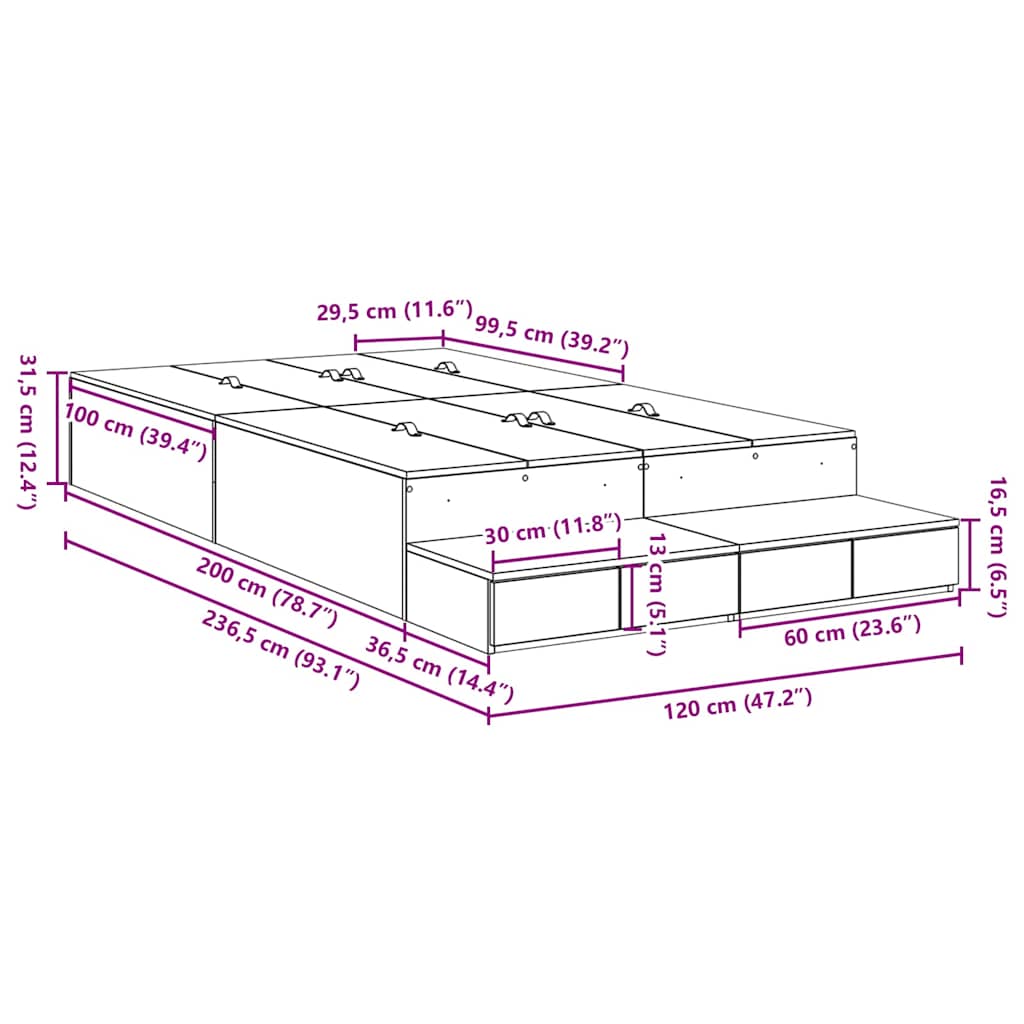 Cadre de lit avec rangement Gris béton 236.5 x 120 x 31.5 cm - XIOS