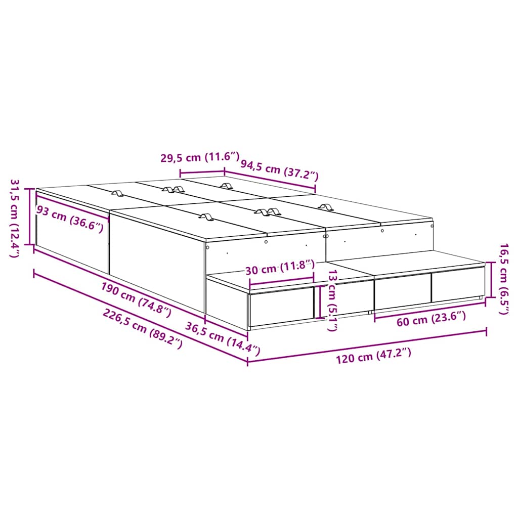 Cadre de lit avec rangement Gris béton 226.5 x 120 x 31.5 cm - XIOS