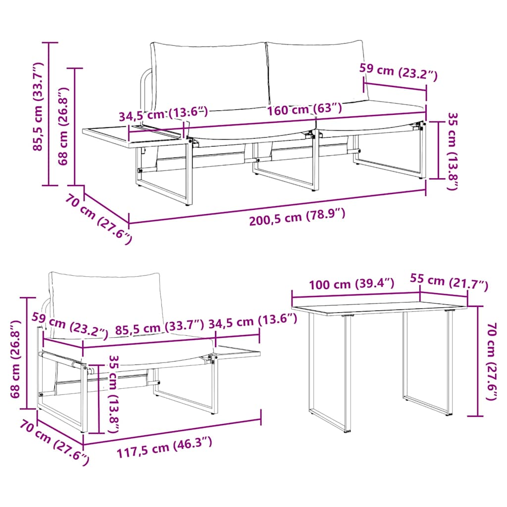 Ensemble de salle à manger pour jardin 3 pcs Gris clair Acier