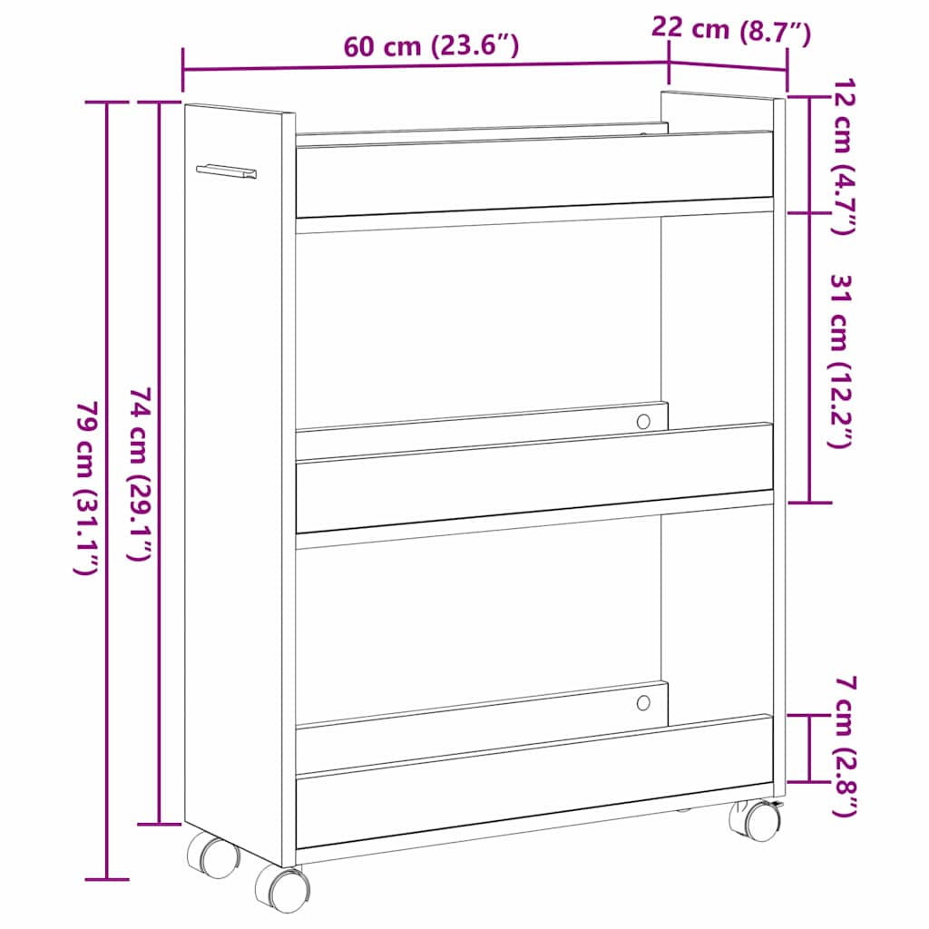 Cabinet roulant en bois ancien 60x22x79 cm en bois reconstitué