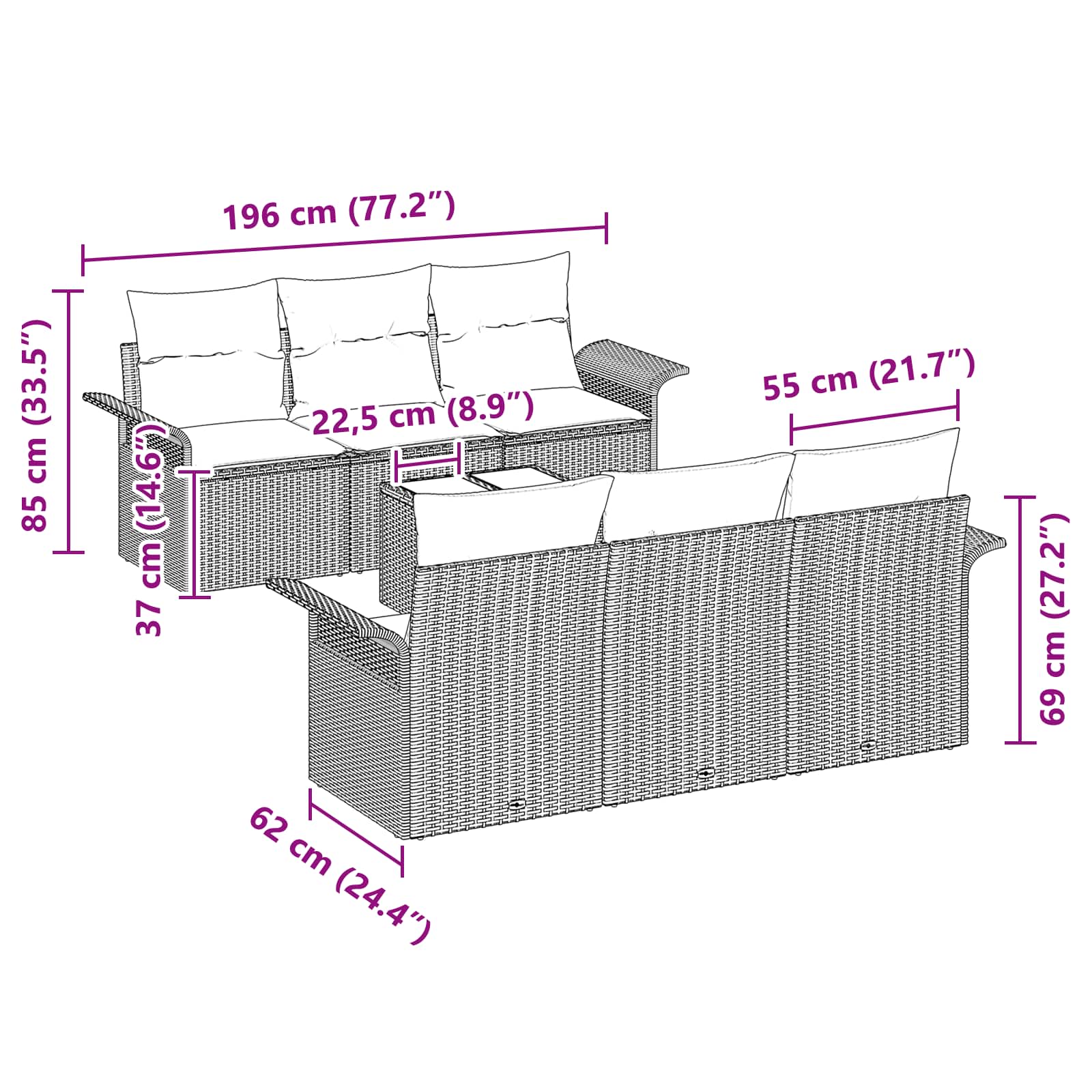 Ensemble de canapé de jardin avec coussin 7 pcs Gris polyrotin