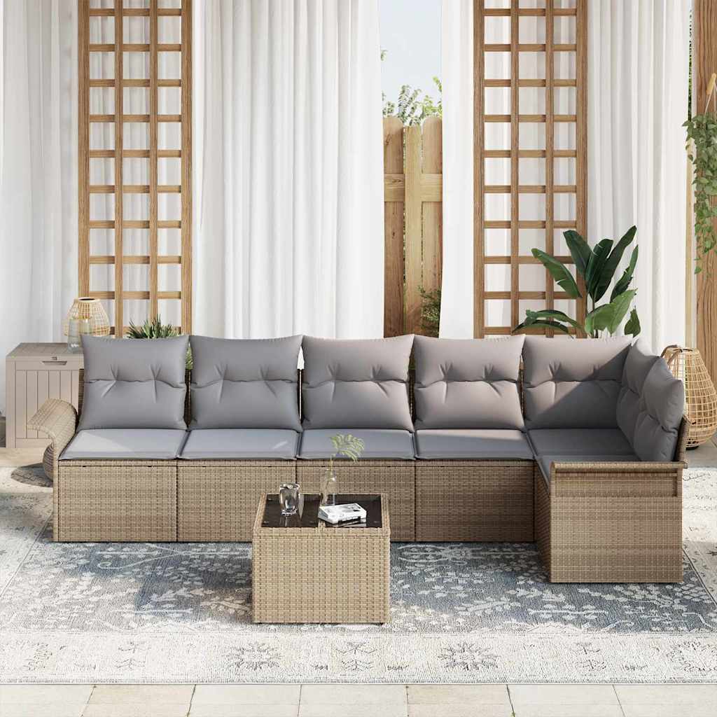 Ensemble de canapé de jardin avec coussin 7 pcs Beige polyrotin