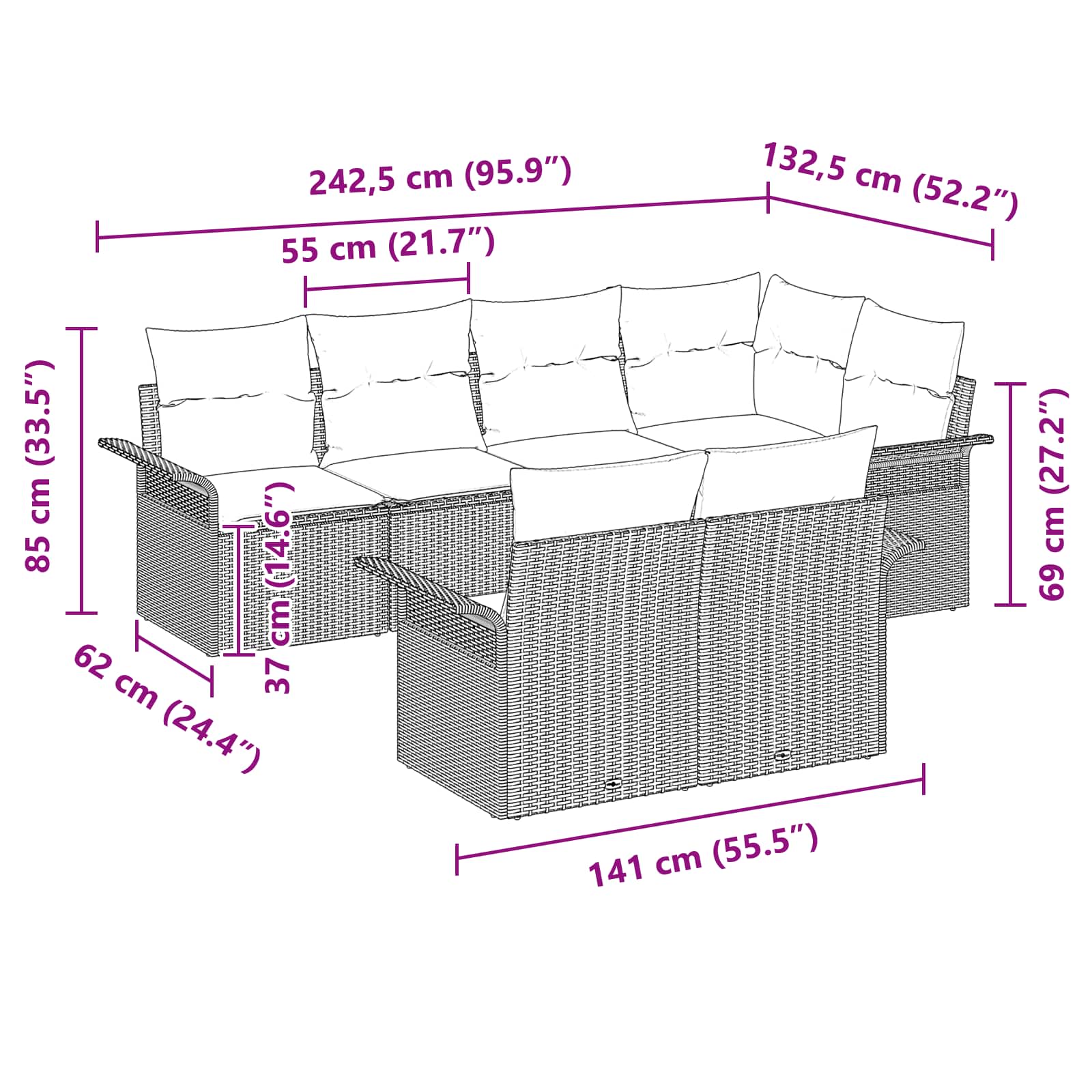 Ensemble de canapé de jardin avec coussin 7 pcs Noir polyrotin