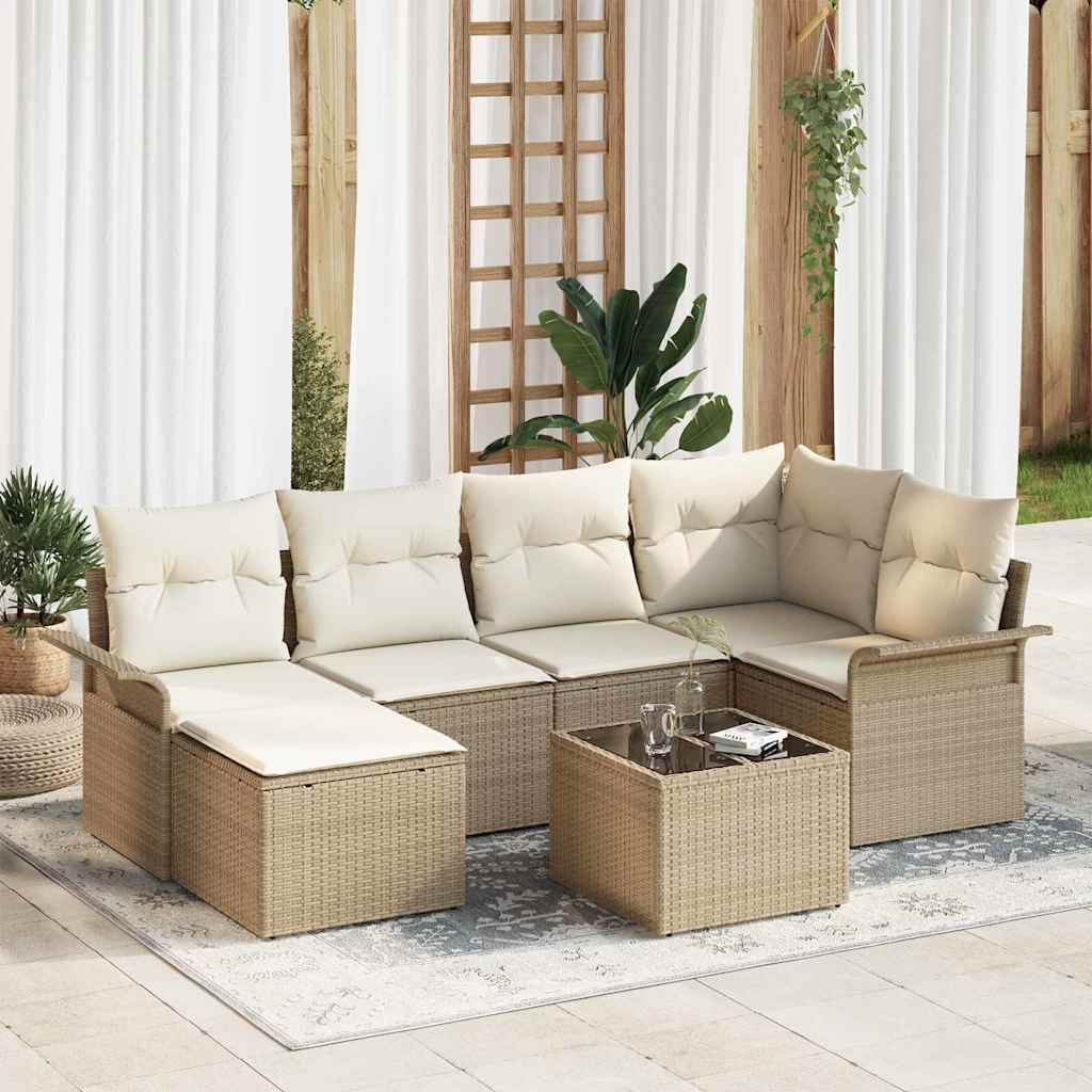 Ensemble de canapé de jardin avec coussin 7 pcs Beige polyrotin