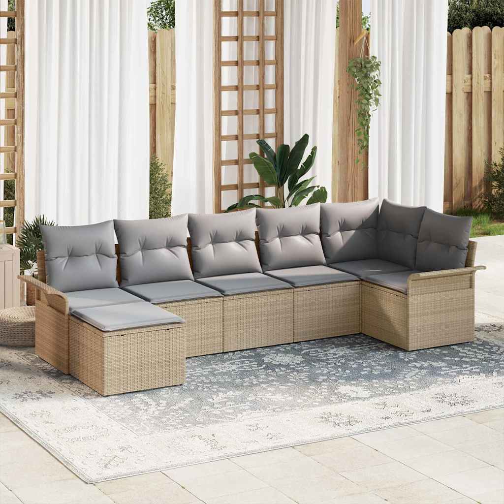 Ensemble de canapé de jardin avec coussin 7 pcs Beige polyrotin