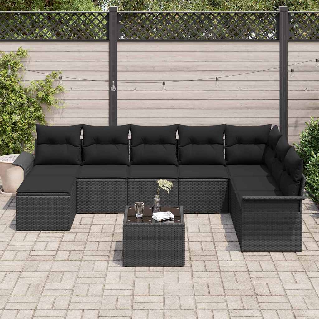 Ensemble de canapé de jardin avec coussin 9 pcs Noir polyrotin