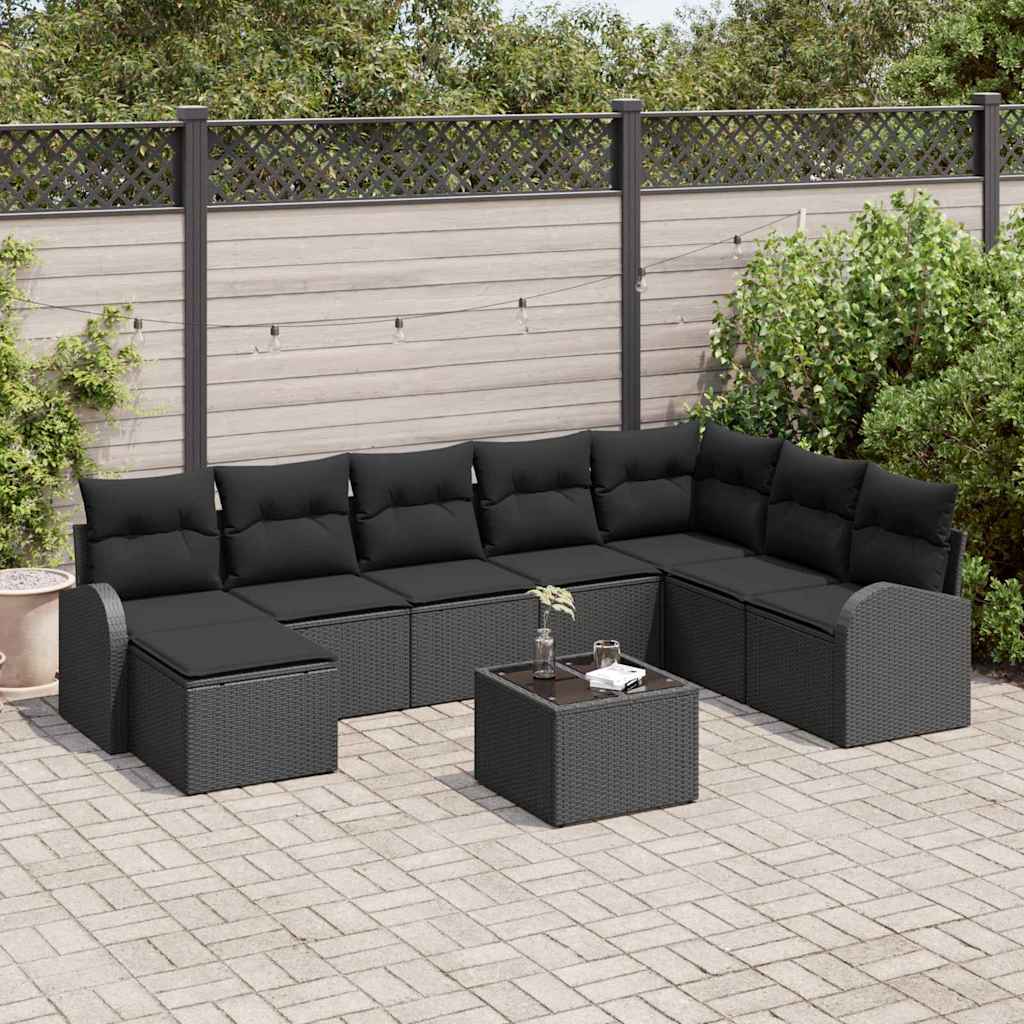 Ensemble de canapé de jardin avec coussin 9 pcs Noir Poly rotin