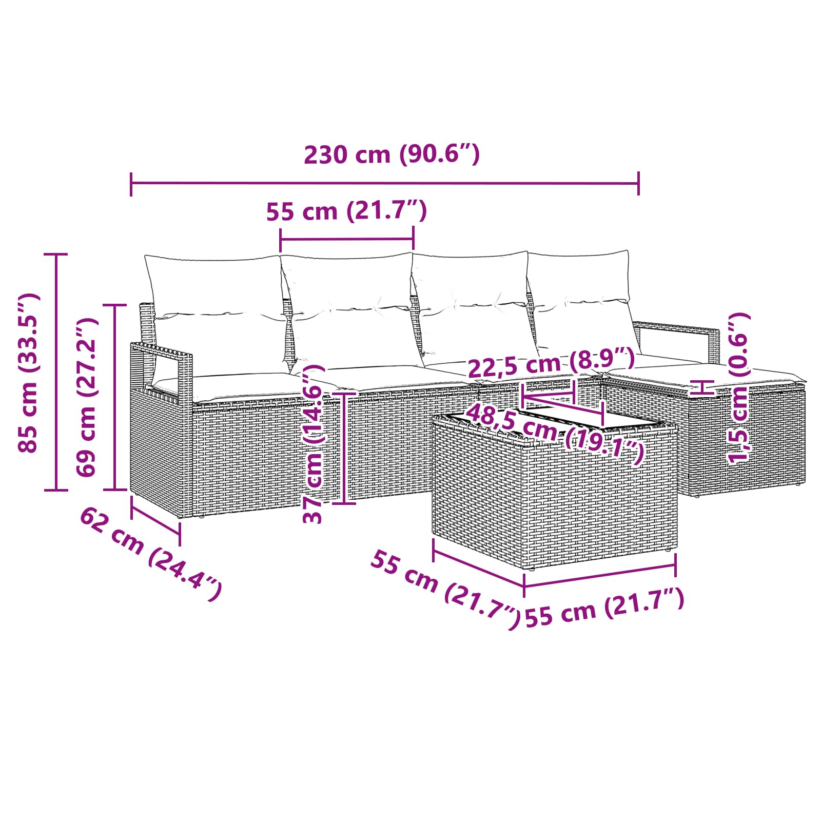 Ensemble de Canapés avec coussin 6 pcs Marron polyrotin