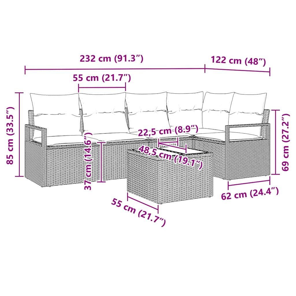 Ensemble de Canapés avec coussin 6 pcs Marron polyrotin